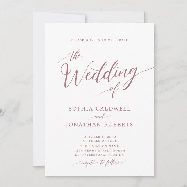 All in One Calligraphy Trendy Dusty Rose Wedding I Invitation (Front)