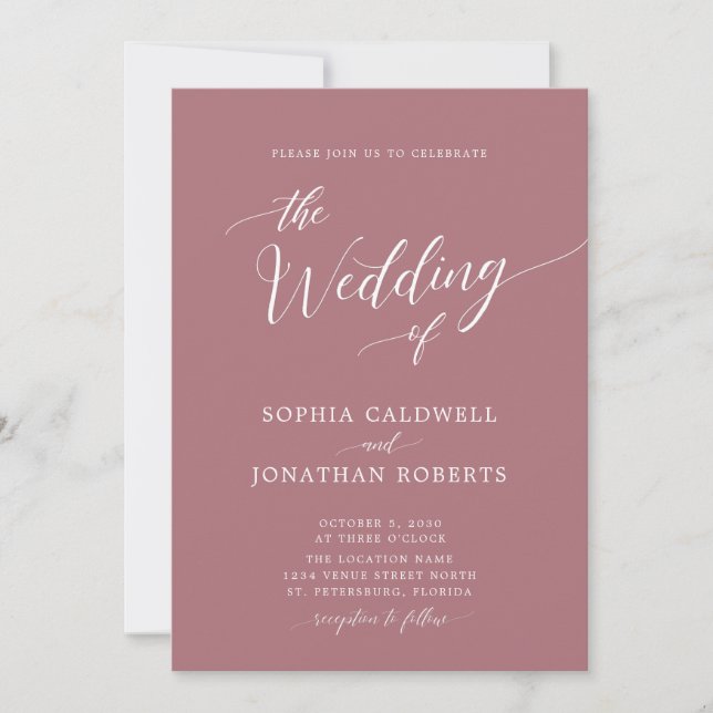 All in One Calligraphy Trendy Dusty Rose Wedding Invitation (Front)