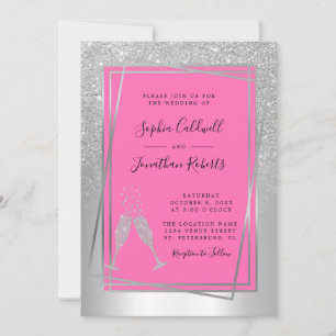 All in One Champagne Pink Silver Glitter Wedding Invitation