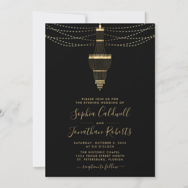 All in One Chandelier Gold Black Evening Wedding Invitation (Front)