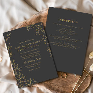 All in One Charcoal Grey Gold Leaf Wedding  Invitation