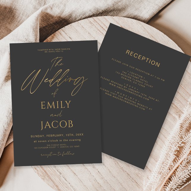 All in One Charcoal Grey Gold Wedding Script Invitation (Creator Uploaded)
