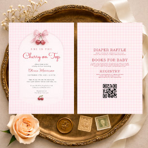 All in One Cherry on Top Red Bow Baby Shower Invitation