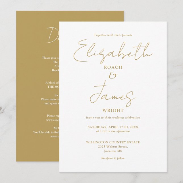 All In One Chic Gold Minimalist Elegant Wedding Invitation (Front/Back)