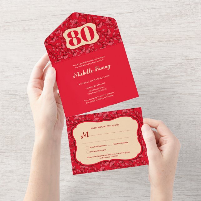 All in One Chinese 80th Birthday Invitation (Tearaway)