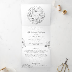 All In One Classic Botanical Florals Wedding Tri-Fold Invitation