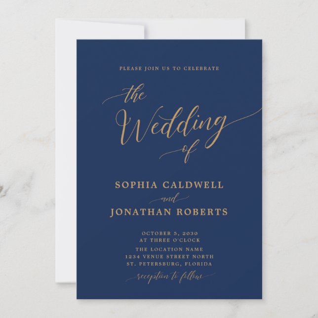 All in One Classic Gold Calligraphy Navy Wedding Invitation (Front)
