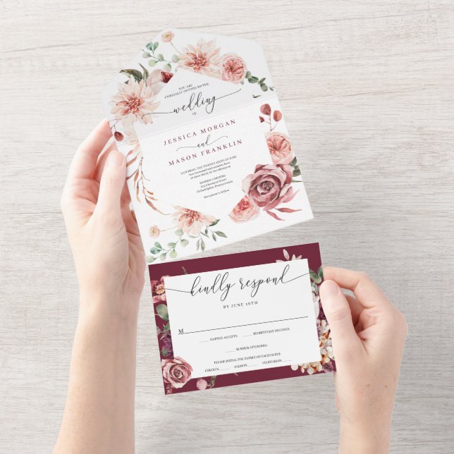 All in One Country Boho Rose Wedding Invite (Tearaway)