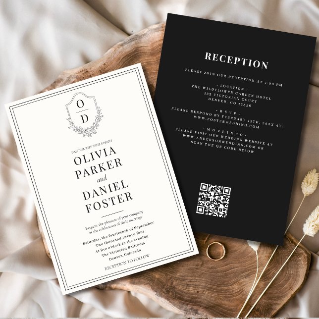 All in One Crest Black & White QR Code Wedding Invitation (Creator Uploaded)
