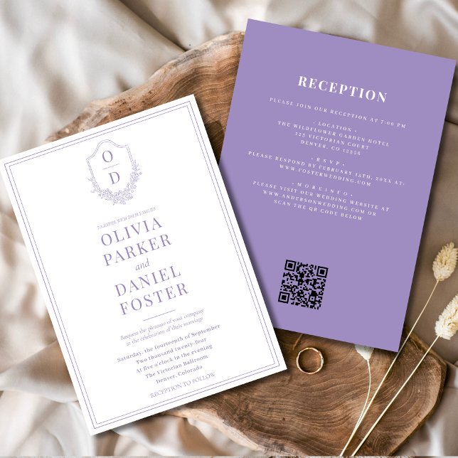 All in One Crest Lilac Purple QR Code Wedding Invitation (Creator Uploaded)