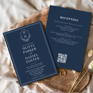 All in One Crest Navy Blue QR Code Wedding Invitation