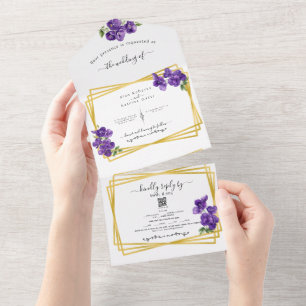 All in One Deep Purple Violets Wedding Invite