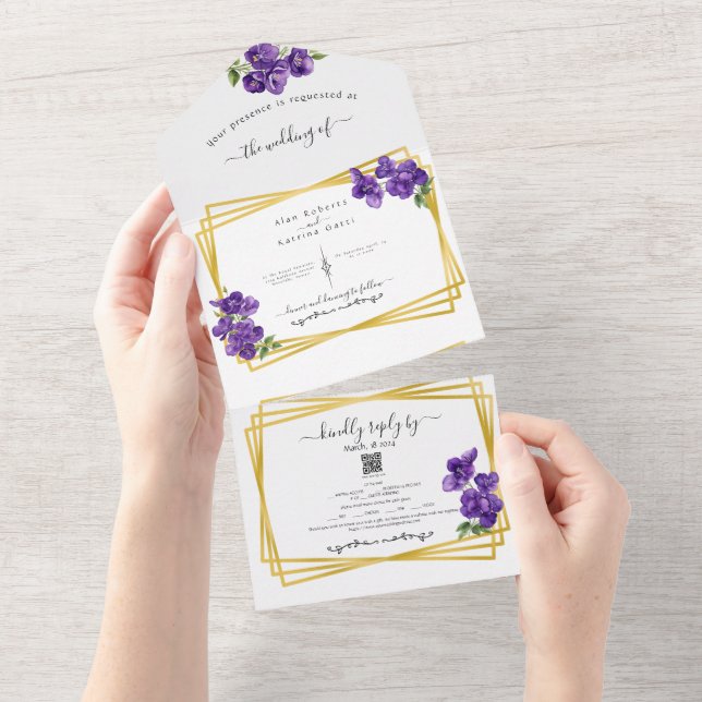 All in One Deep Purple Violets Wedding Invite (Tearaway)
