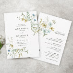 All In One Delicate Wildflower Modern Boho Wedding Invitation<br><div class="desc">This elegant All In One wedding invitation features hand-painted watercolor wildflowers in butter yellow, sage green, dusty green, and light blue with a QR code and wedding details on the back, perfect for spring, summer or fall weddings. For more advanced customisation of this design, please click the BLUE DESIGN TOOL...</div>