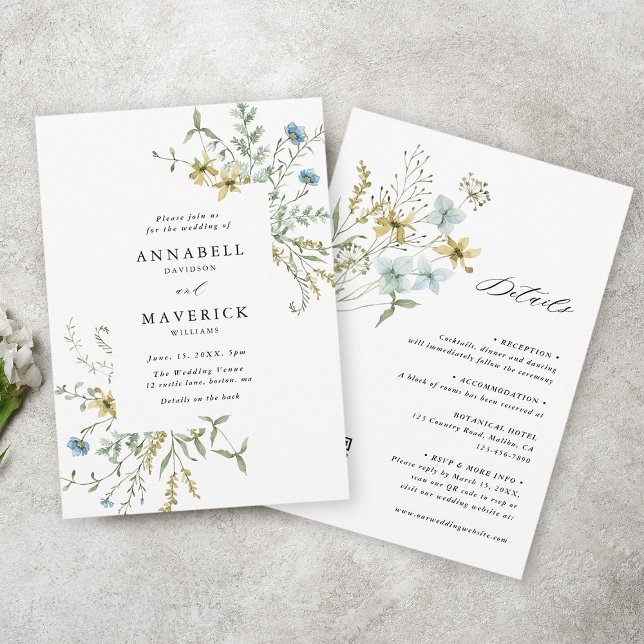 All In One Delicate Wildflower Modern Boho Wedding Invitation (Front & Back)