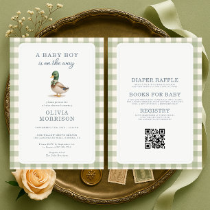 All in One Duck Sage Green Gingham Baby Shower Invitation