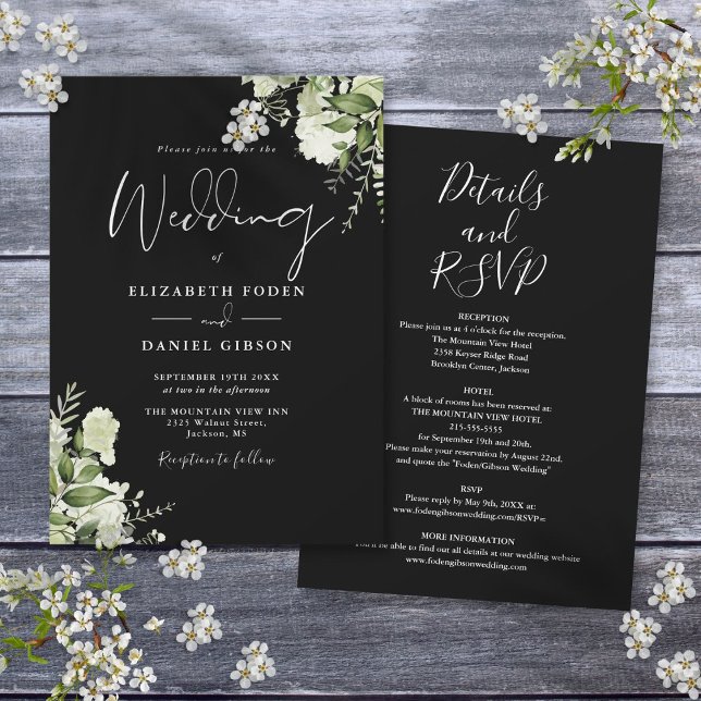 All In One Dusty Black And White Greenery Wedding Invitation (All In One Dusty Black And White Greenery Wedding Invitation)