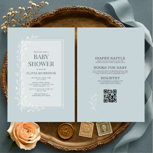 All in One Dusty Blue Botanical Floral Baby Shower Invitation