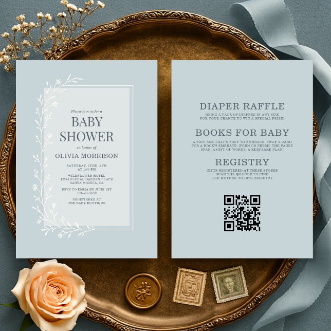All in One Dusty Blue Botanical Floral Baby Shower Invitation (Creator Uploaded)