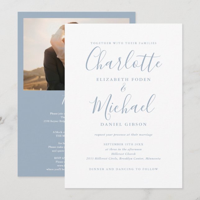 All In One Dusty Blue Chic Script Photo Wedding Invitation (Front/Back)
