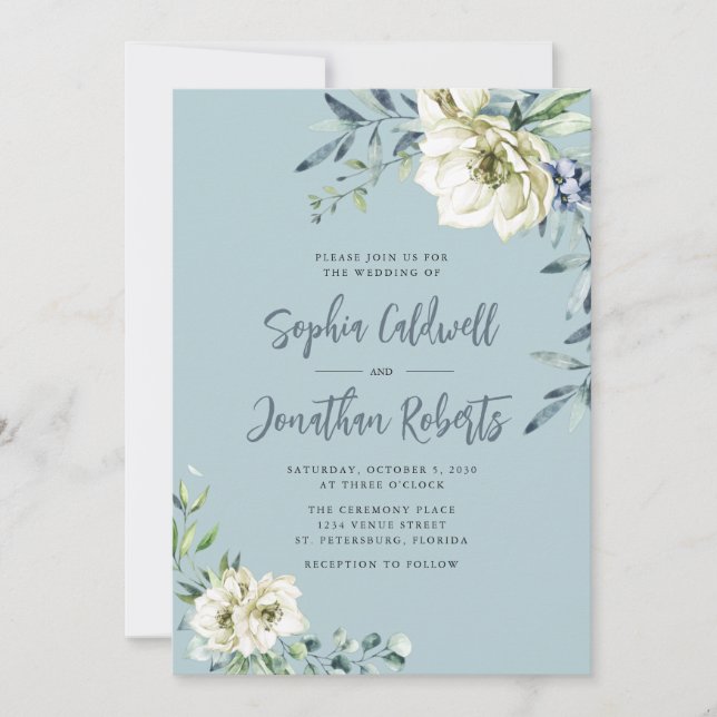 All in One Dusty Blue Eucalyptus Floral Wedding Invitation (Front)