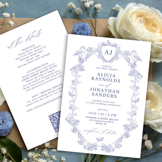 All in one dusty blue French floral wedding Invitation (Creator Uploaded)