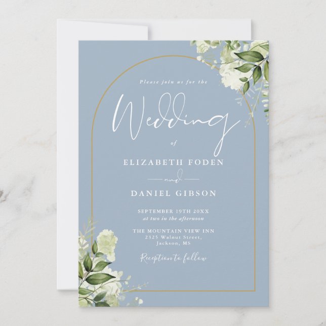 All In One Dusty Blue Greenery Arch Photo Wedding Invitation (Front)