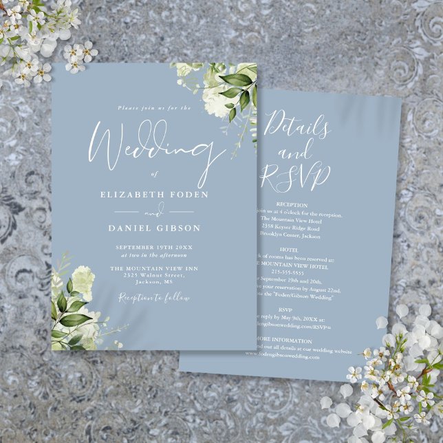 All In One Dusty Blue Greenery Floral Wedding Invitation (All In One Dusty Blue Greenery Floral Wedding Invitation)