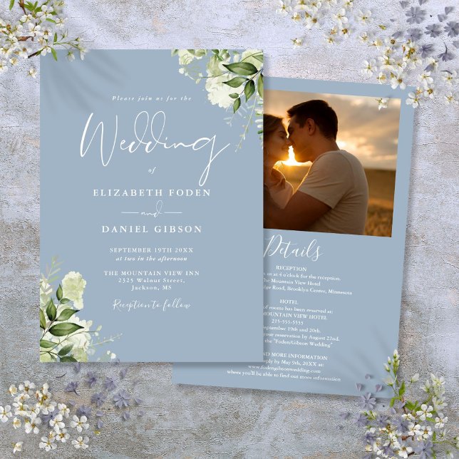 All In One Dusty Blue Greenery Photo Wedding Invitation (All In One Dusty Blue Greenery Photo Wedding Invitation)