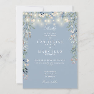 All In One Dusty Blue String Lights Floral Wedding Invitation