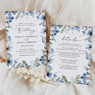 All-in-one Dusty Blue Wildflowers Wedding Invitation
