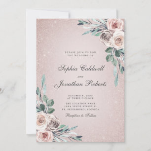 All in One Dusty Pink Roses Boho Glitter Wedding I Invitation