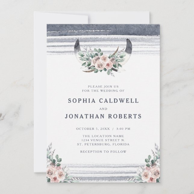 All in One Dusty Pink Roses Bull Horns Wedding Invitation (Front)