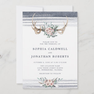 All in One Dusty Pink Roses Deer Antlers Wedding Invitation