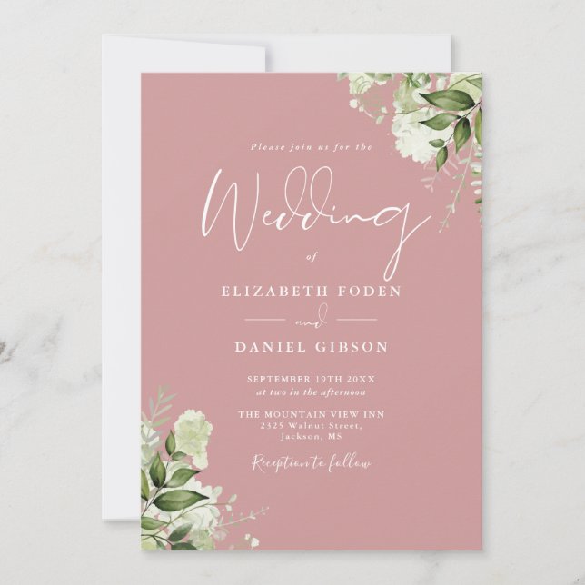 All In One Dusty Rose Greenery Floral Wedding Invitation (Front)