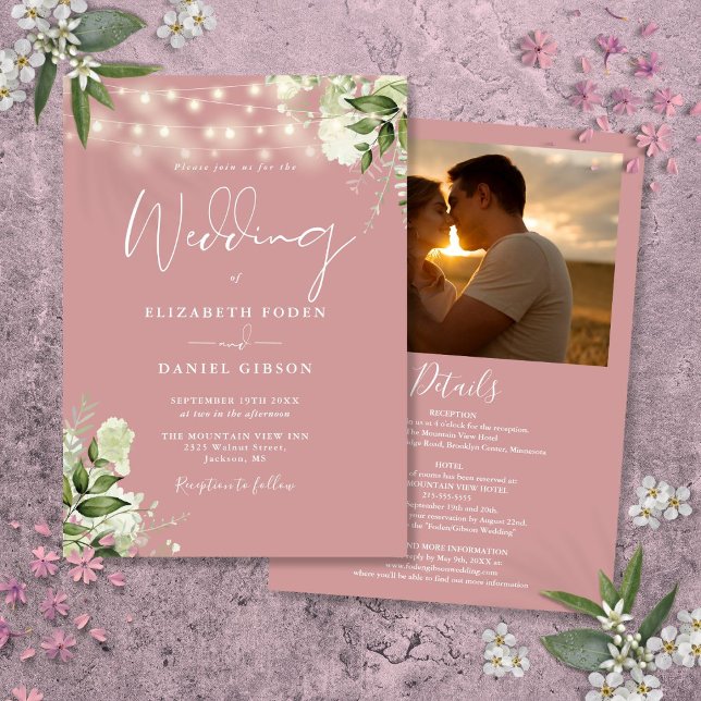 All In One Dusty Rose Greenery Light Photo Wedding Invitation (All In One Dusty Rose Greenery Light Photo Wedding Invitation)