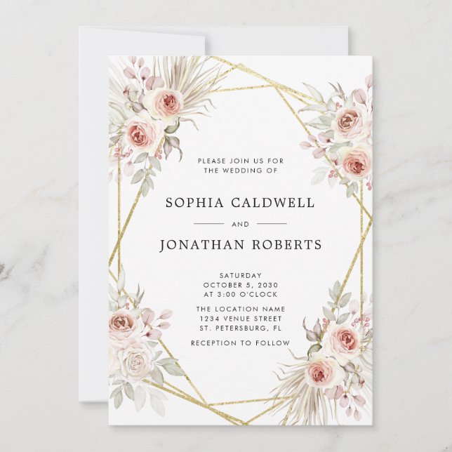 All in One Dusty Rose Pink Floral Gold Wedding Invitation (Front)