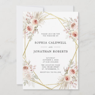 All in One Dusty Rose Pink Floral Gold Wedding Invitation