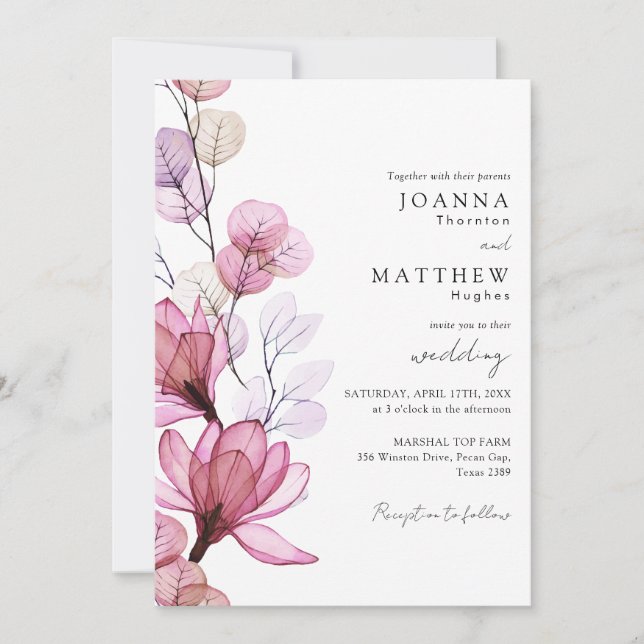 All In One Dusty Rose Transparent Floral Wedding Invitation (Front)