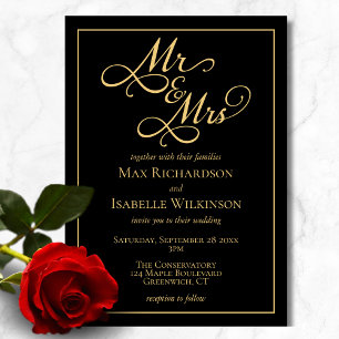 All in One Elegant Black and Gold Wedding Invitation