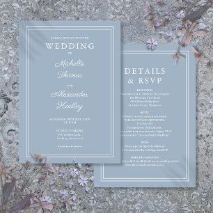 All In One Elegant Border Dusty Blue Wedding Invitation