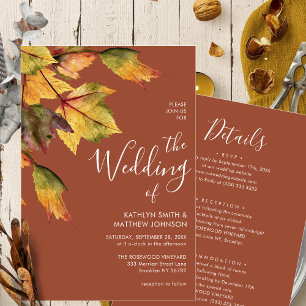 All In One Elegant Brown Autumn Foliage Wedding Invitation