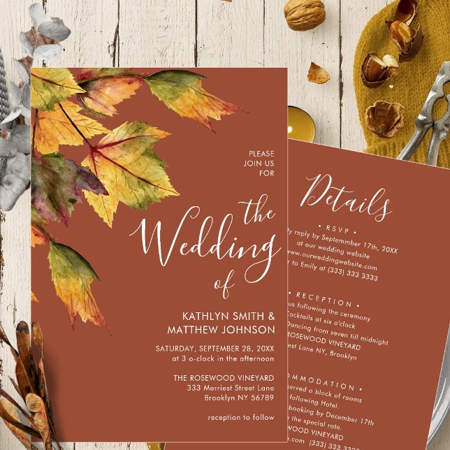 All In One Elegant Brown Autumn Foliage Wedding Invitation (Creator Uploaded)