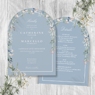 All In One Elegant Dusty Blue Floral Arch Wedding Invitation