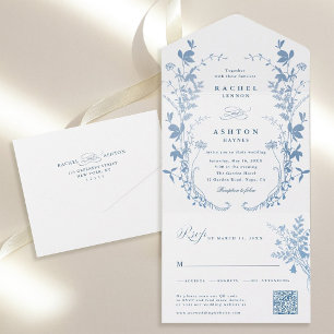 All In One Elegant French Blue Botanical Wedding Invitation