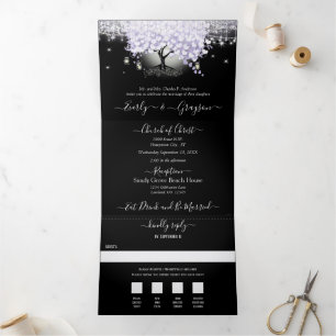 All In One Elegant Lilac Purple Heart Leaf Wedding Tri-Fold Invitation
