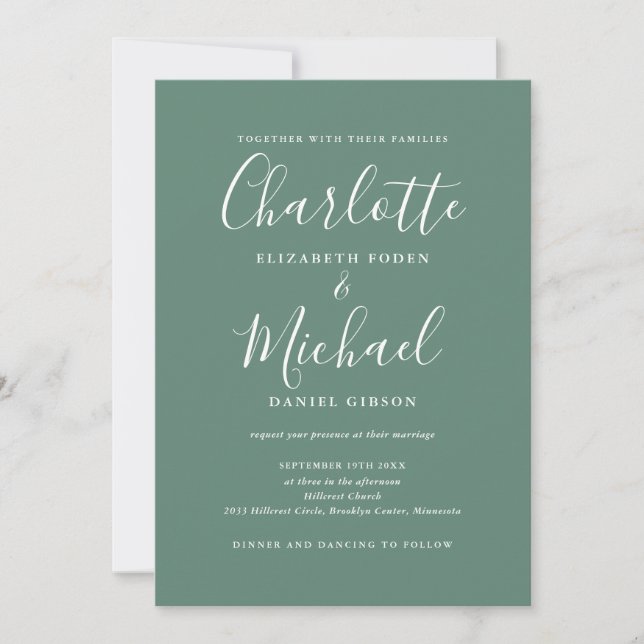 All In One Elegant Modern Eucalyptus Green Wedding Invitation (Front)