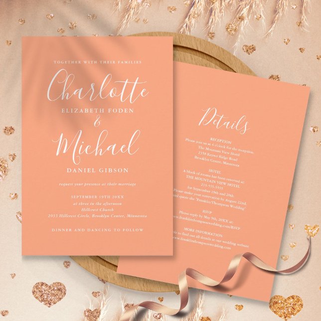 All In One Elegant Modern Script Peach Wedding Invitation (All In One Elegant Modern Script Peach Wedding Invitation)