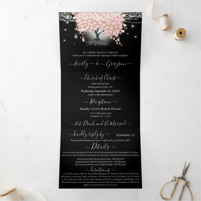 All In One Elegant Pink Heart Leaf Wedding Tri-Fol Tri-Fold Invitation (Inside)