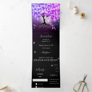 All In One Elegant Purple Pink Heart Leaf Wedding Tri-Fold Invitation